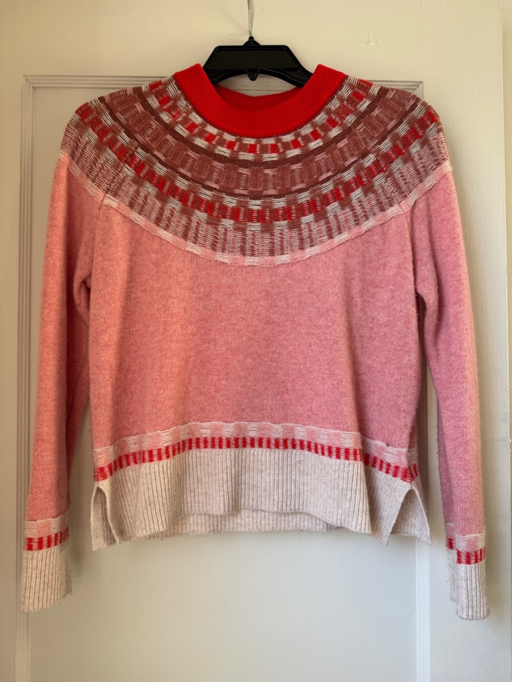 Madewell Pink & Red Patterned Yoke Crewneck Sweater
